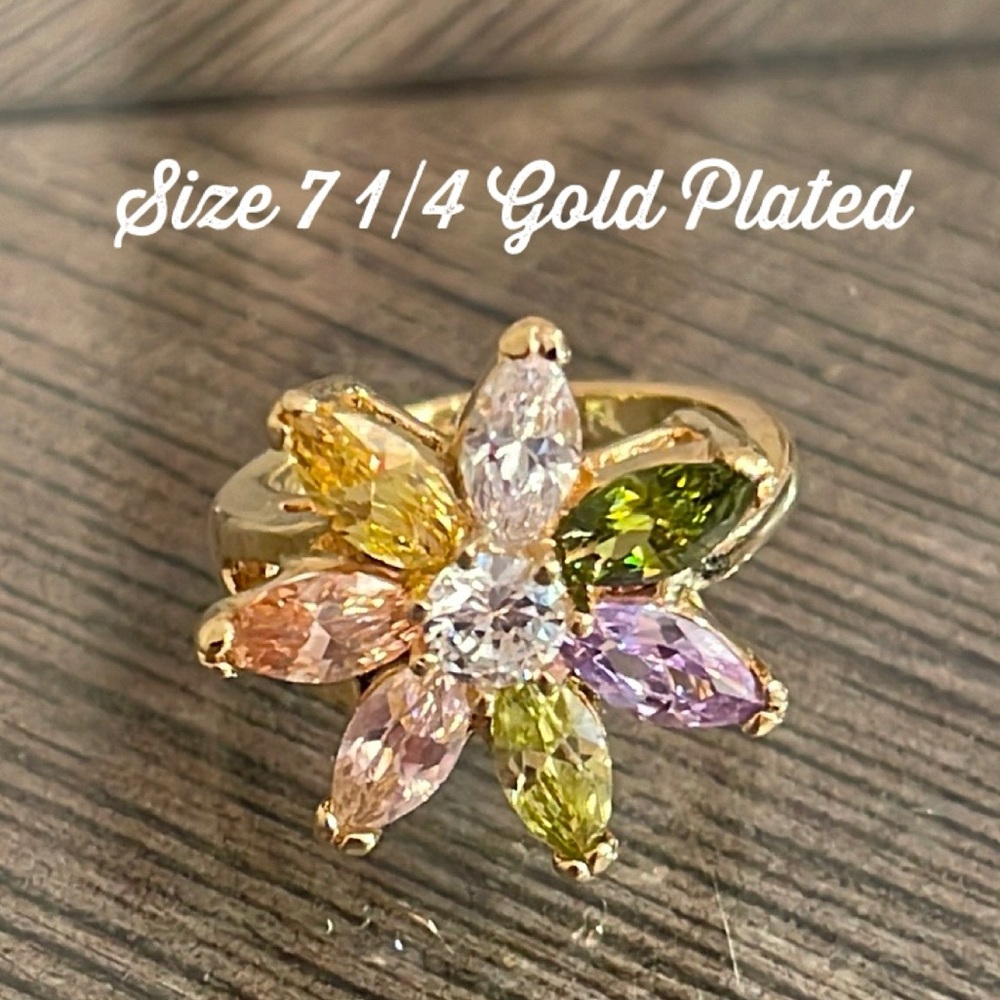 Gold Plated Flower Ring Size 7 1/4 Pastel Gem Ring